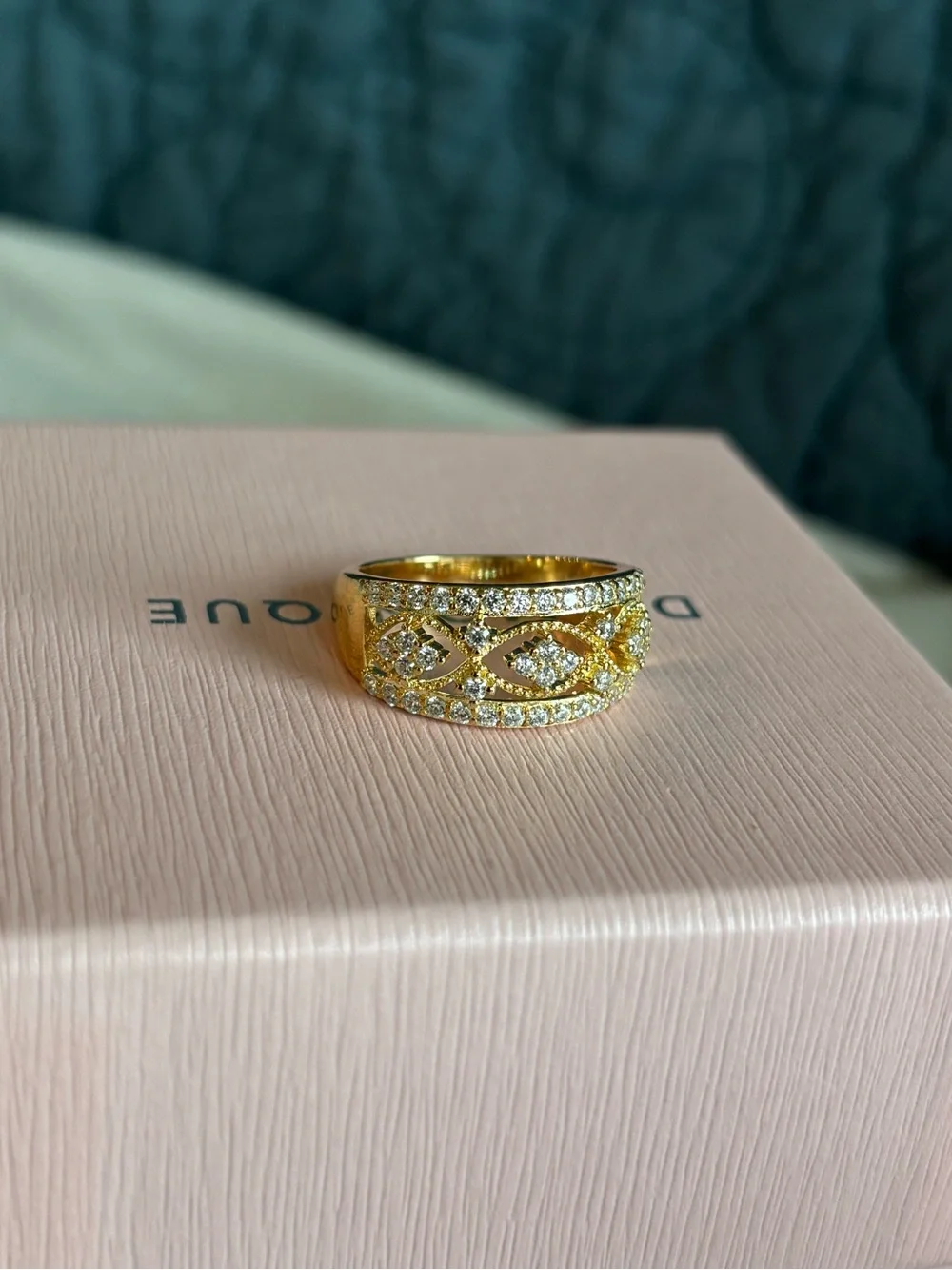 Diamonique Gold Tone CZ Openwork Statement Ring Size 7 NIB Designer New Jewelry
